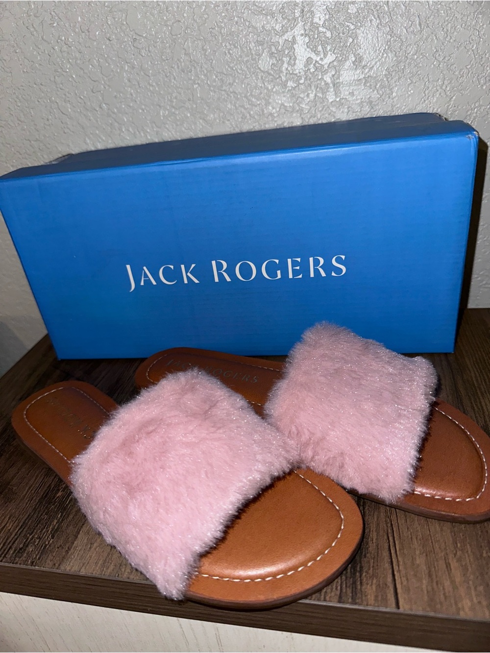 Jack Rogers Women’s Faux Pink Fur Slide Sandals
